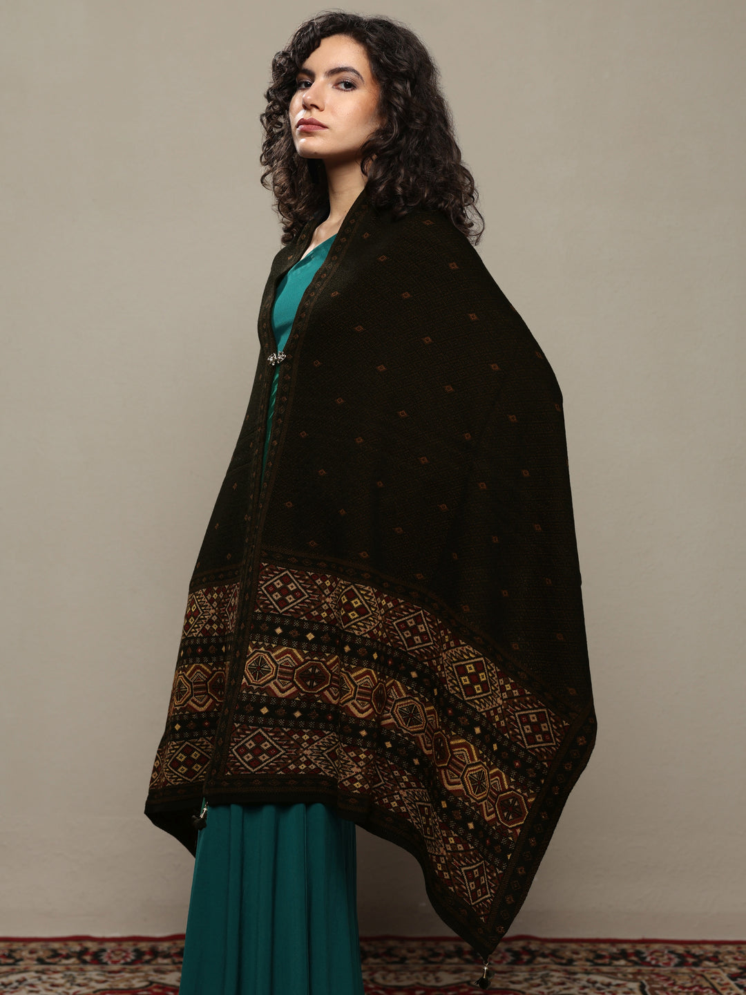  Black Woven Design Wool Women's Shawl 