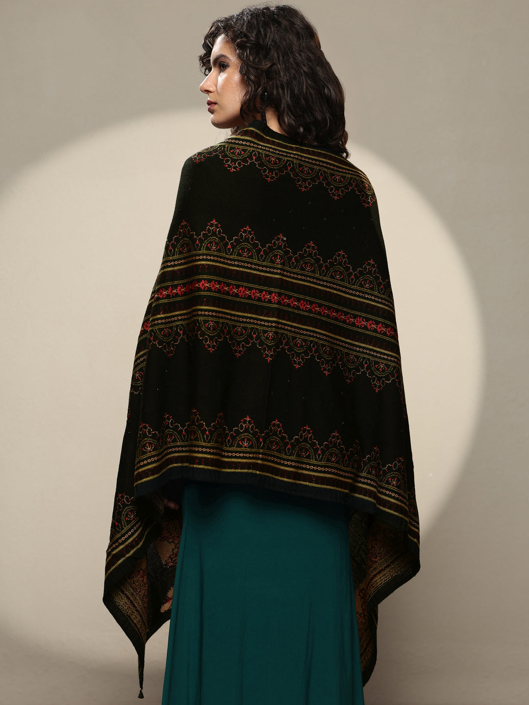  Black Woven Design Wool Women's Shawl 