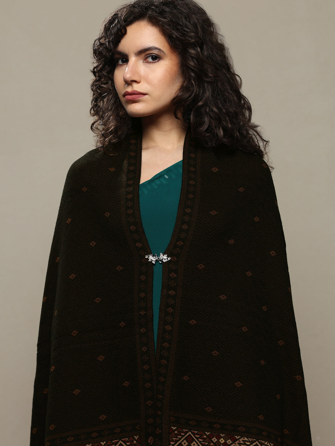  Black Woven Design Wool Women's Shawl 