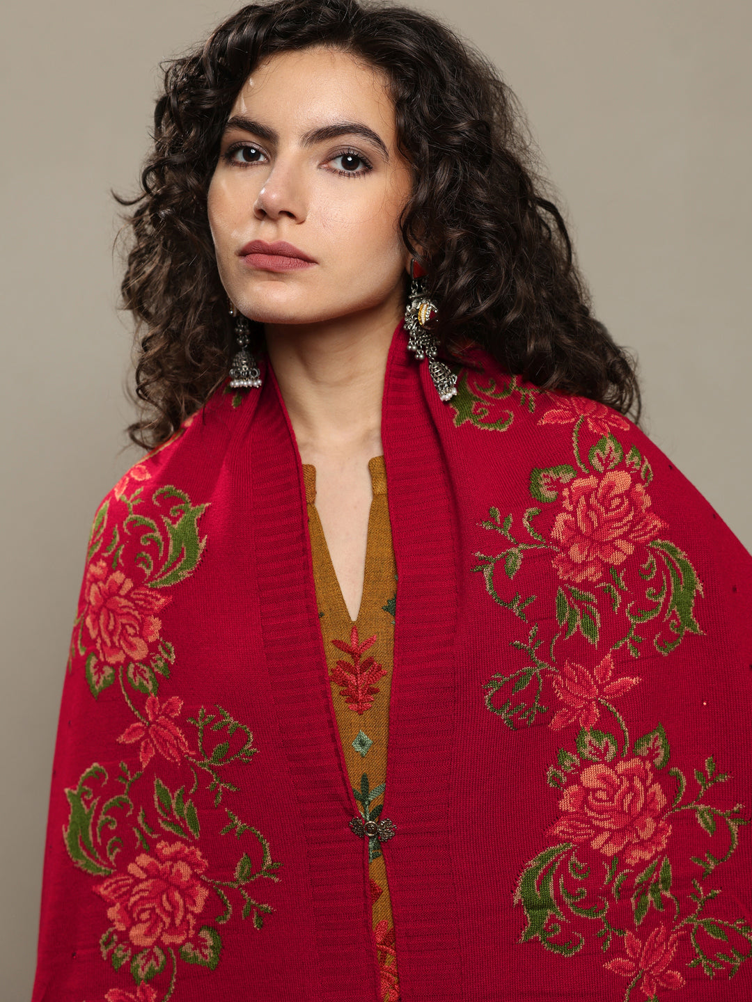  Red Woven Design Wool Women's Shawl 