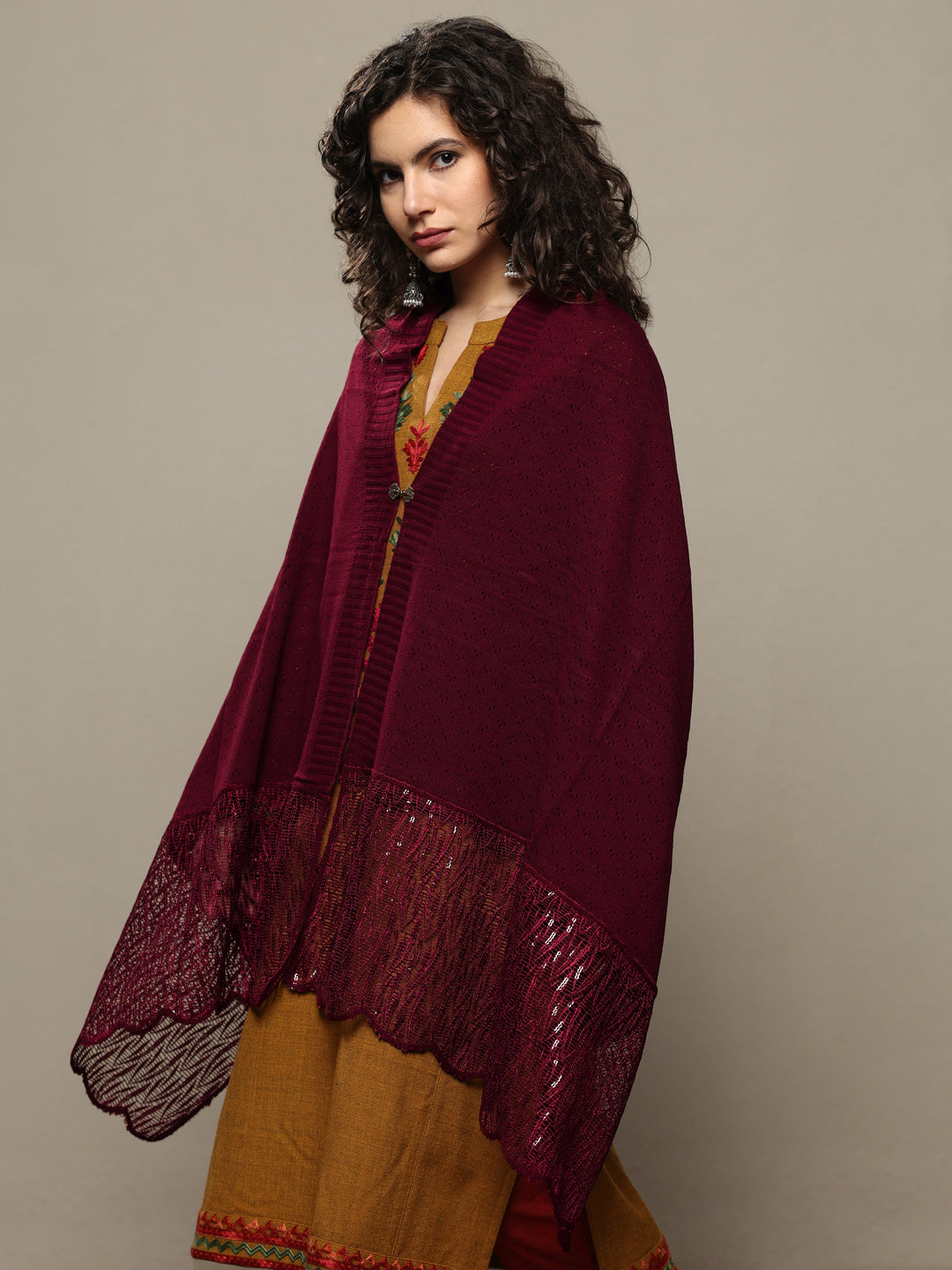  Maroon Woven Design Wool Women's Shawl 