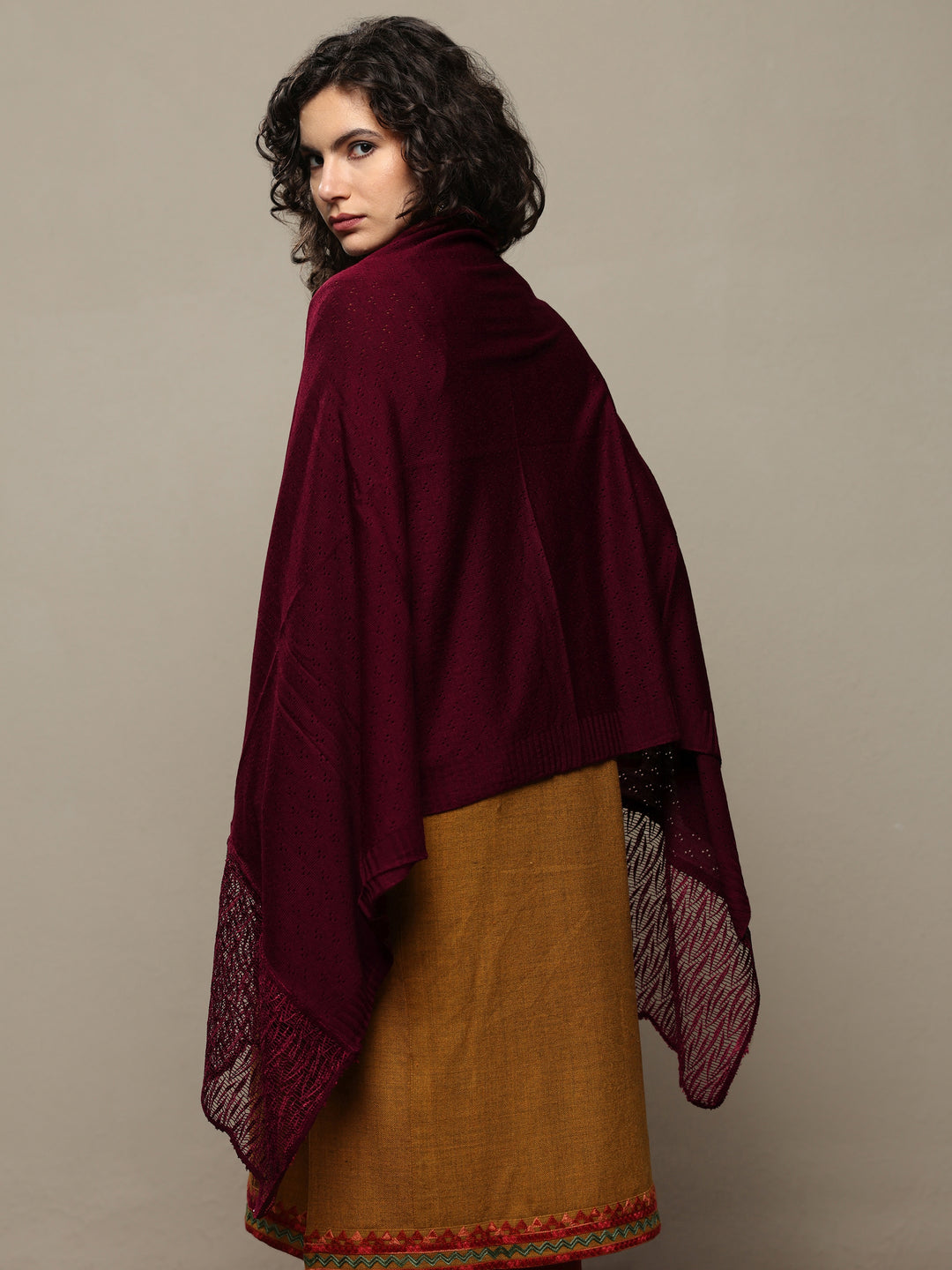  Maroon Woven Design Wool Women's Shawl 