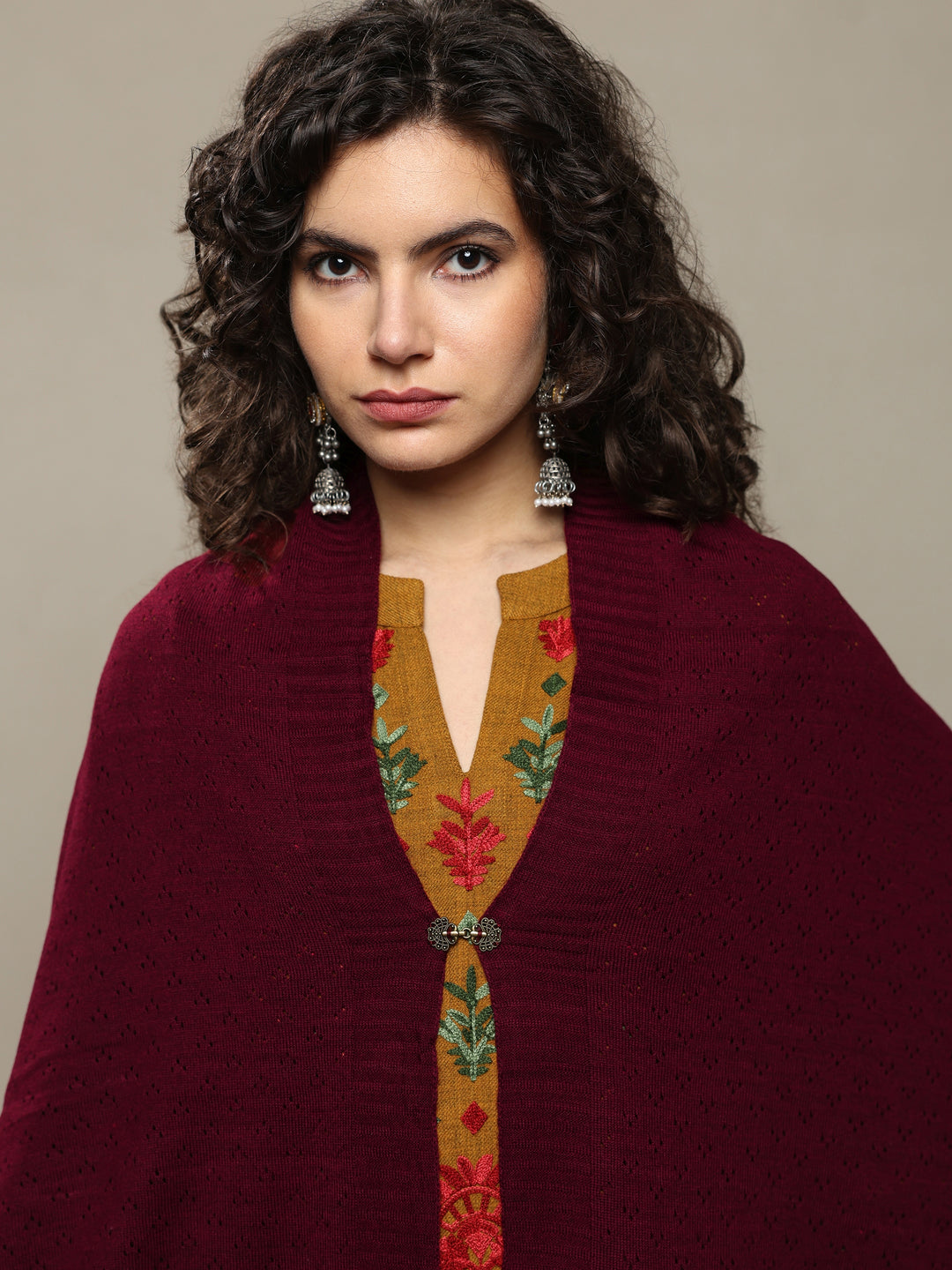  Maroon Woven Design Wool Women's Shawl 