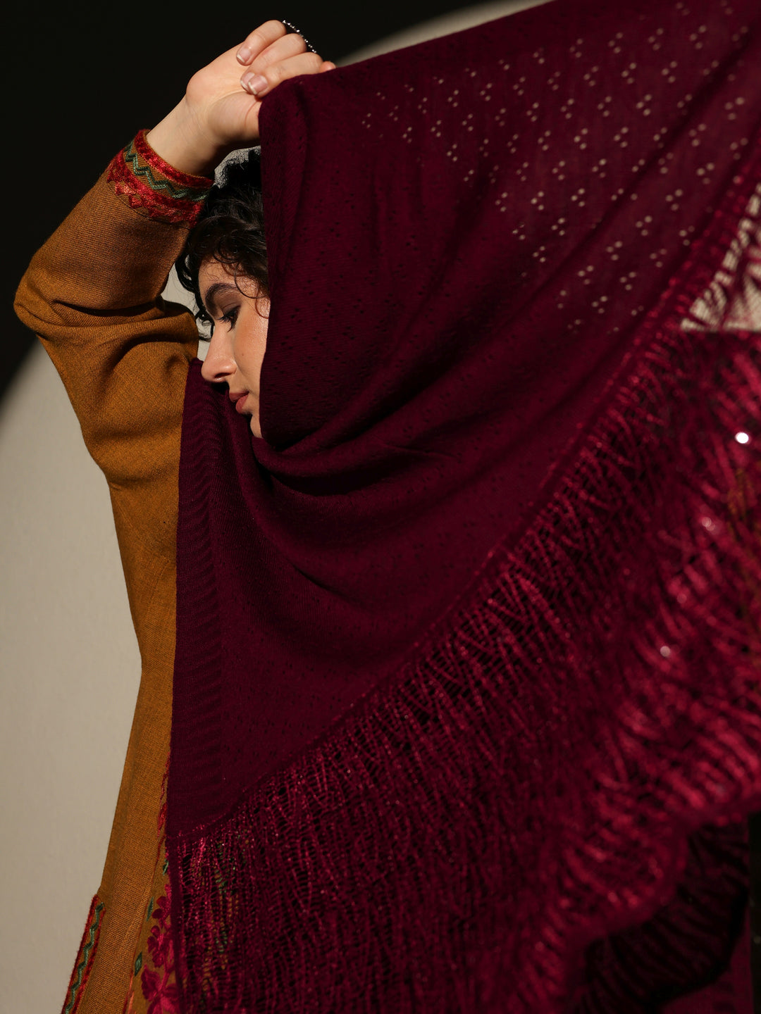  Maroon Woven Design Wool Women's Shawl 