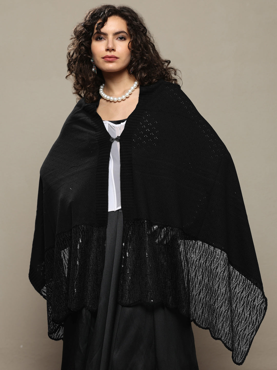  Black Woven Design Wool Women's Shawl 
