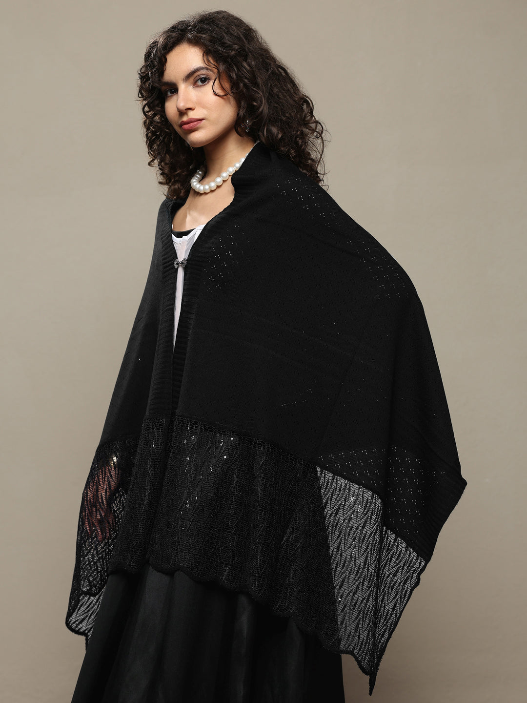  Black Woven Design Wool Women's Shawl 