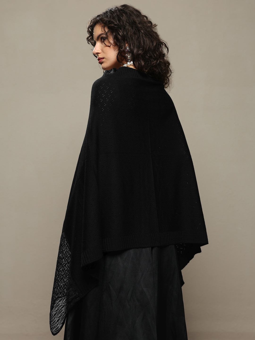  Black Woven Design Wool Women's Shawl 