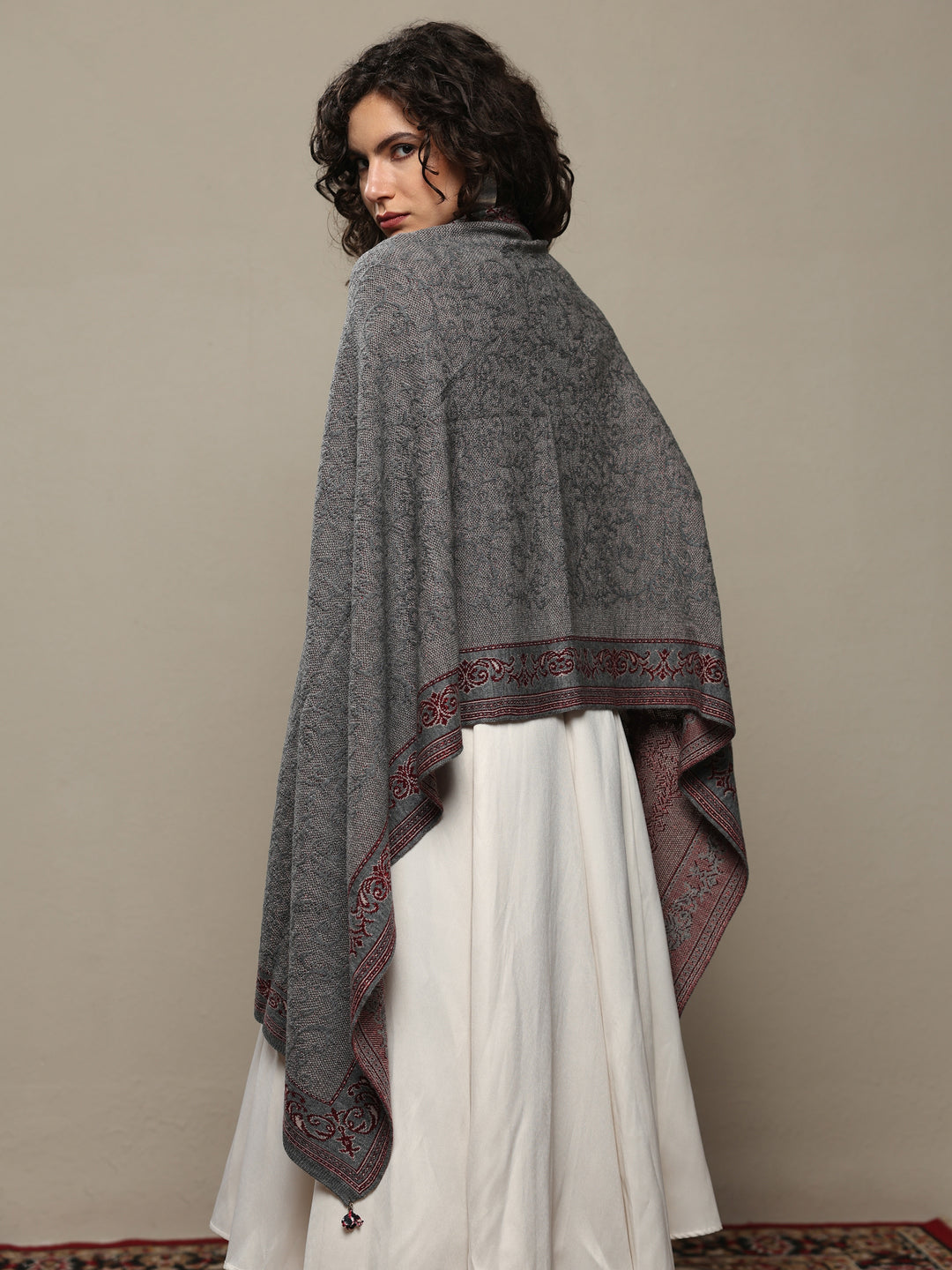  Grey Woven Design Wool Women's Shawl 