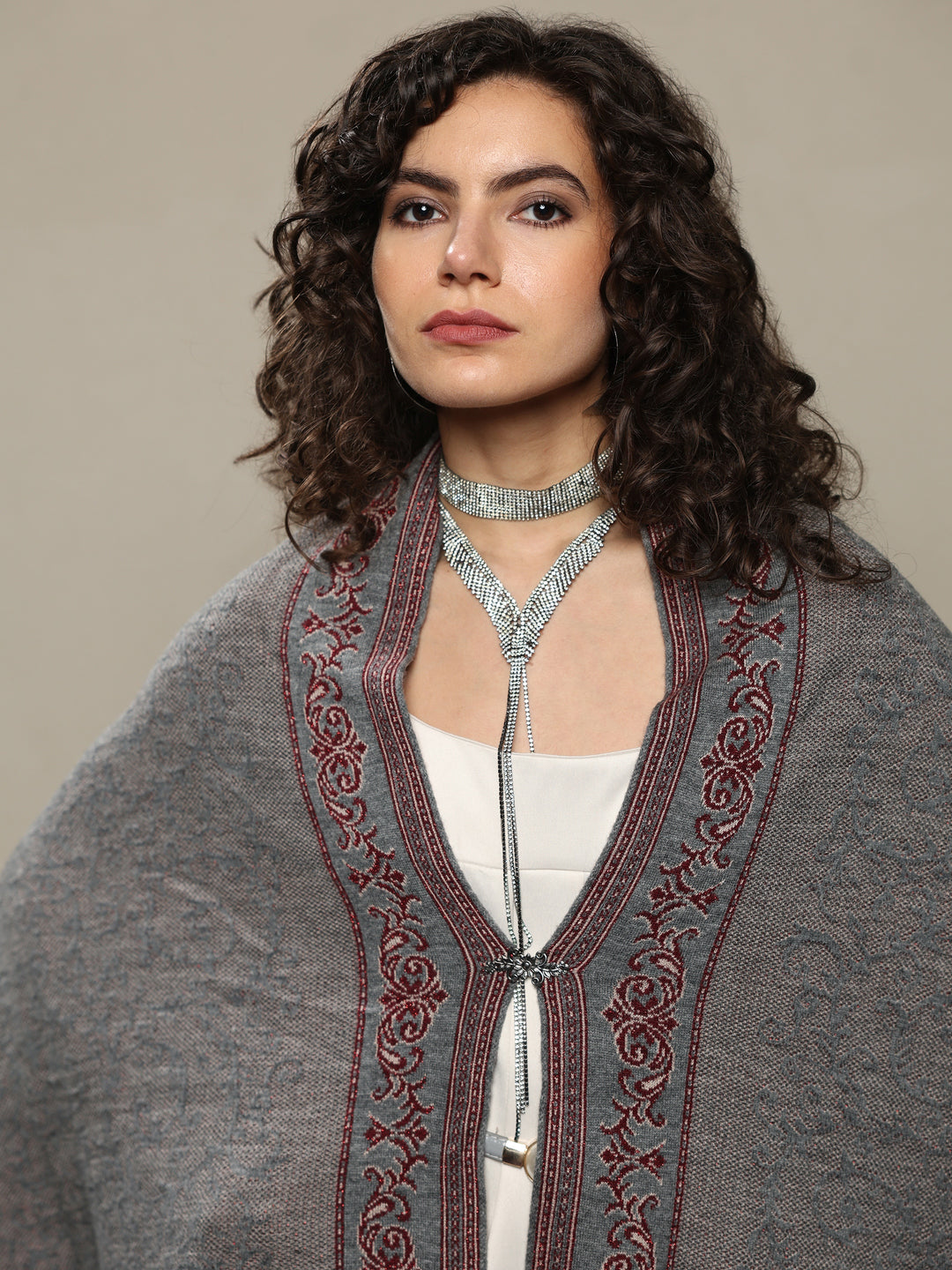  Grey Woven Design Wool Women's Shawl 