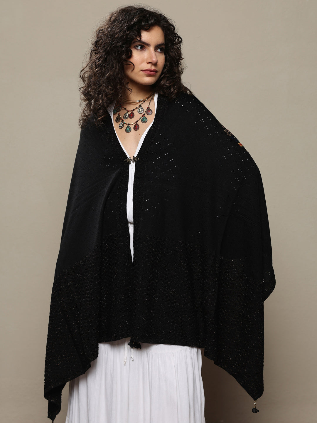 Black Woven Design Wool Women's Shawl 