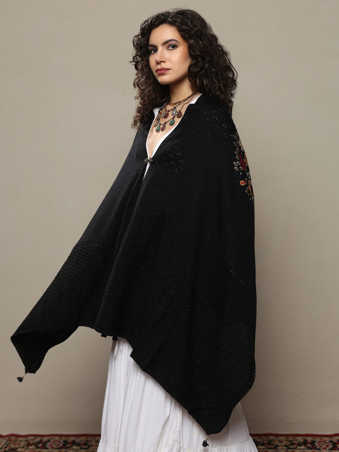  Black Woven Design Wool Women's Shawl 