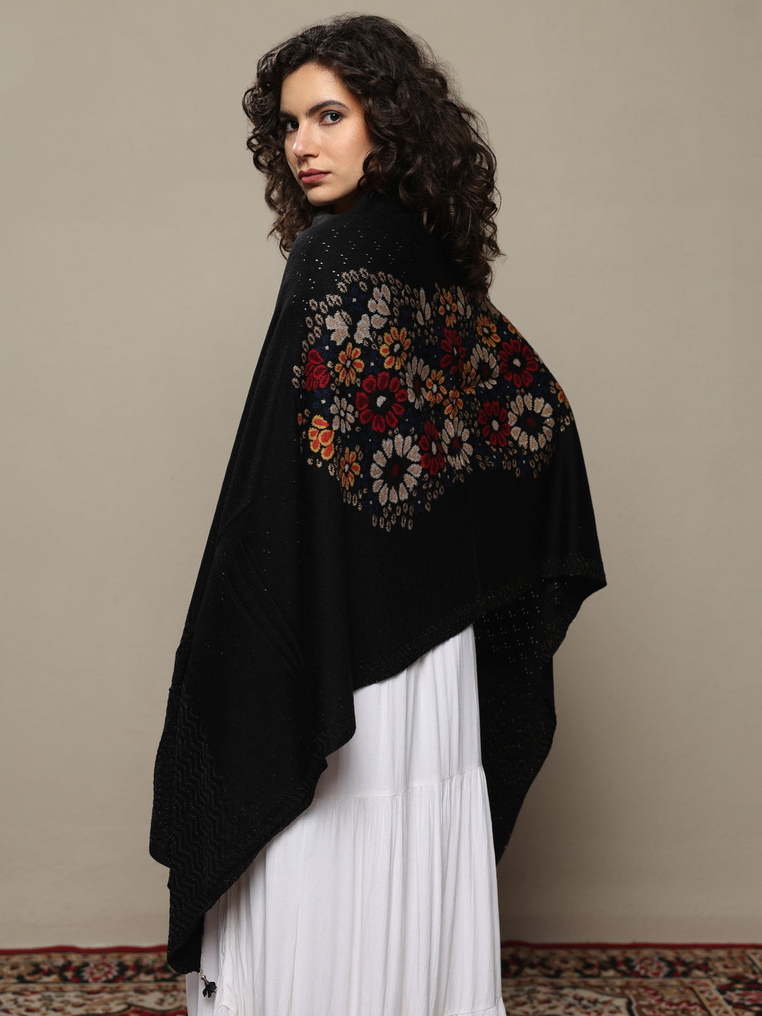  Black Woven Design Wool Women's Shawl 