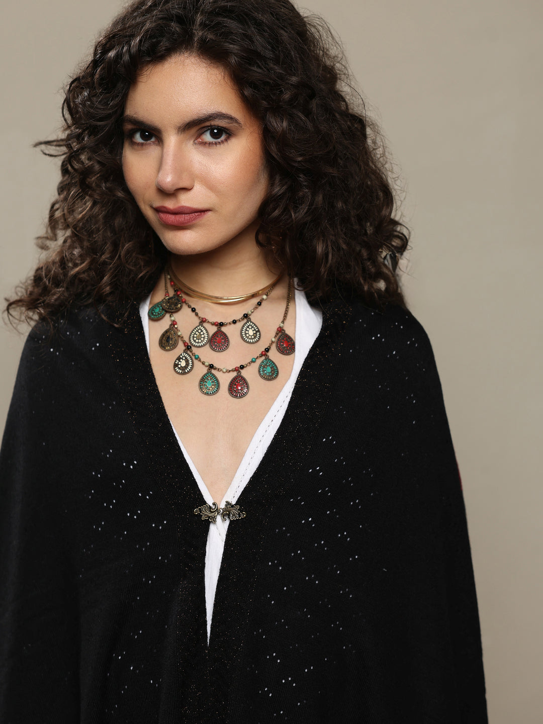  Black Woven Design Wool Women's Shawl 