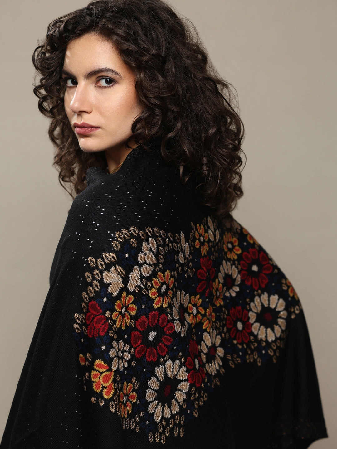  Black Woven Design Wool Women's Shawl 