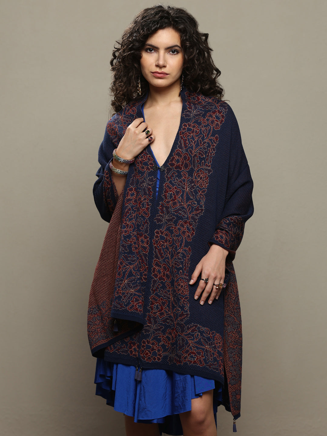  Navy Blue Woven Design Wool Women's Shawl 