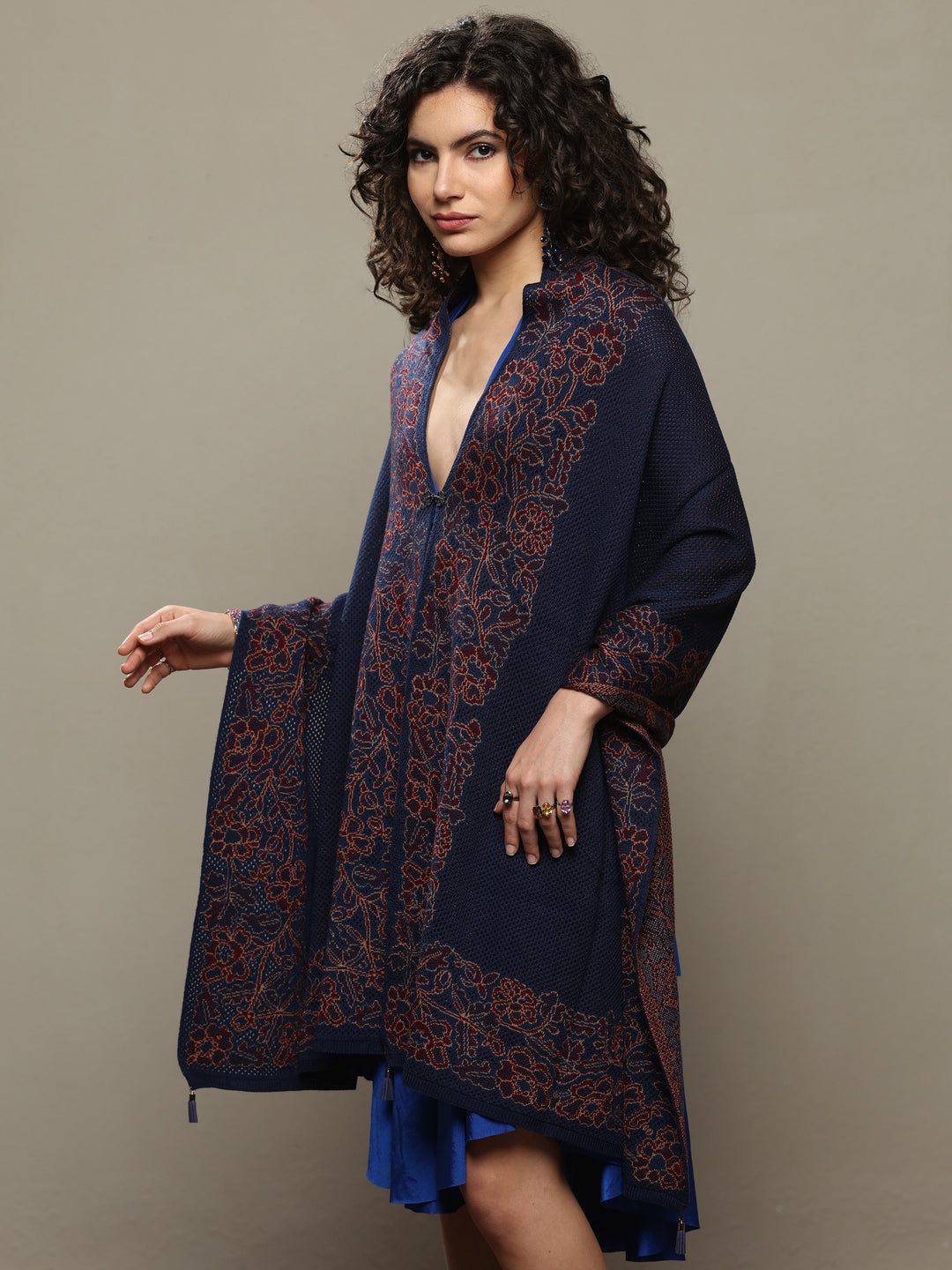  Navy Blue Woven Design Wool Women's Shawl 