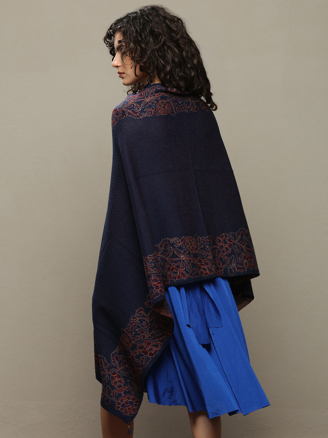  Navy Blue Woven Design Wool Women's Shawl 