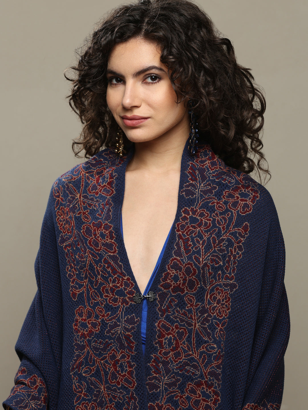  Navy Blue Woven Design Wool Women's Shawl 