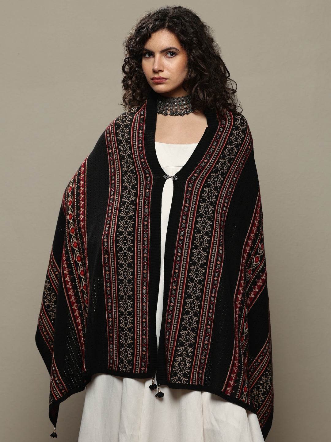  Black Woven Design Wool Women's Shawl 