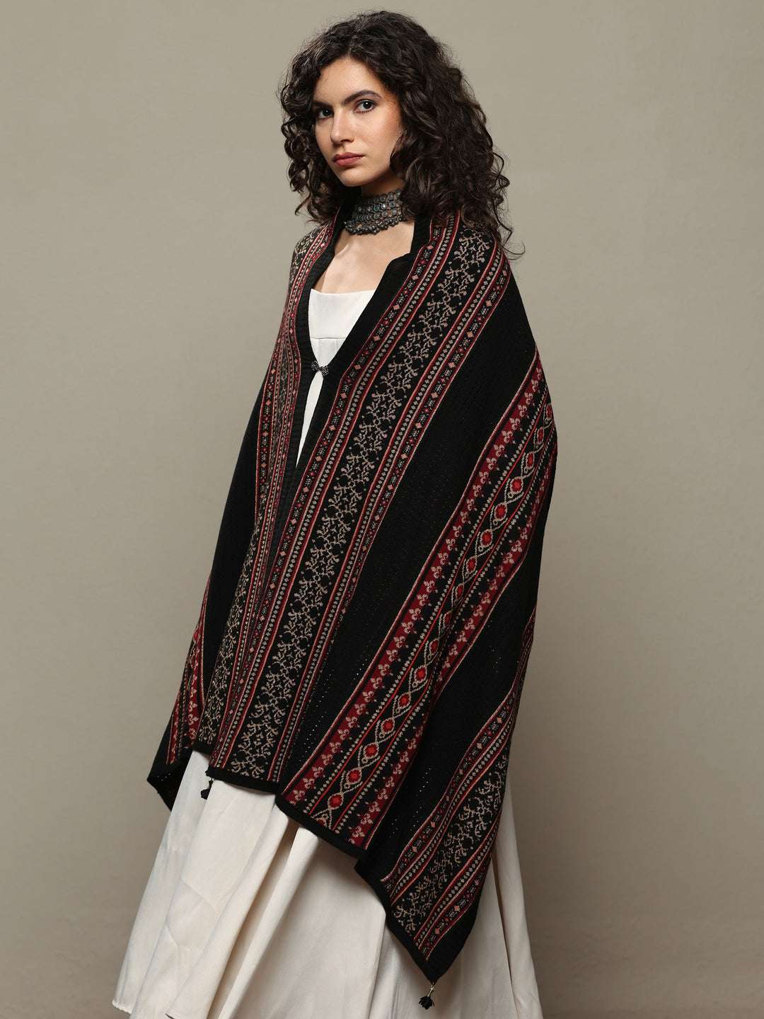  Black Woven Design Wool Women's Shawl 