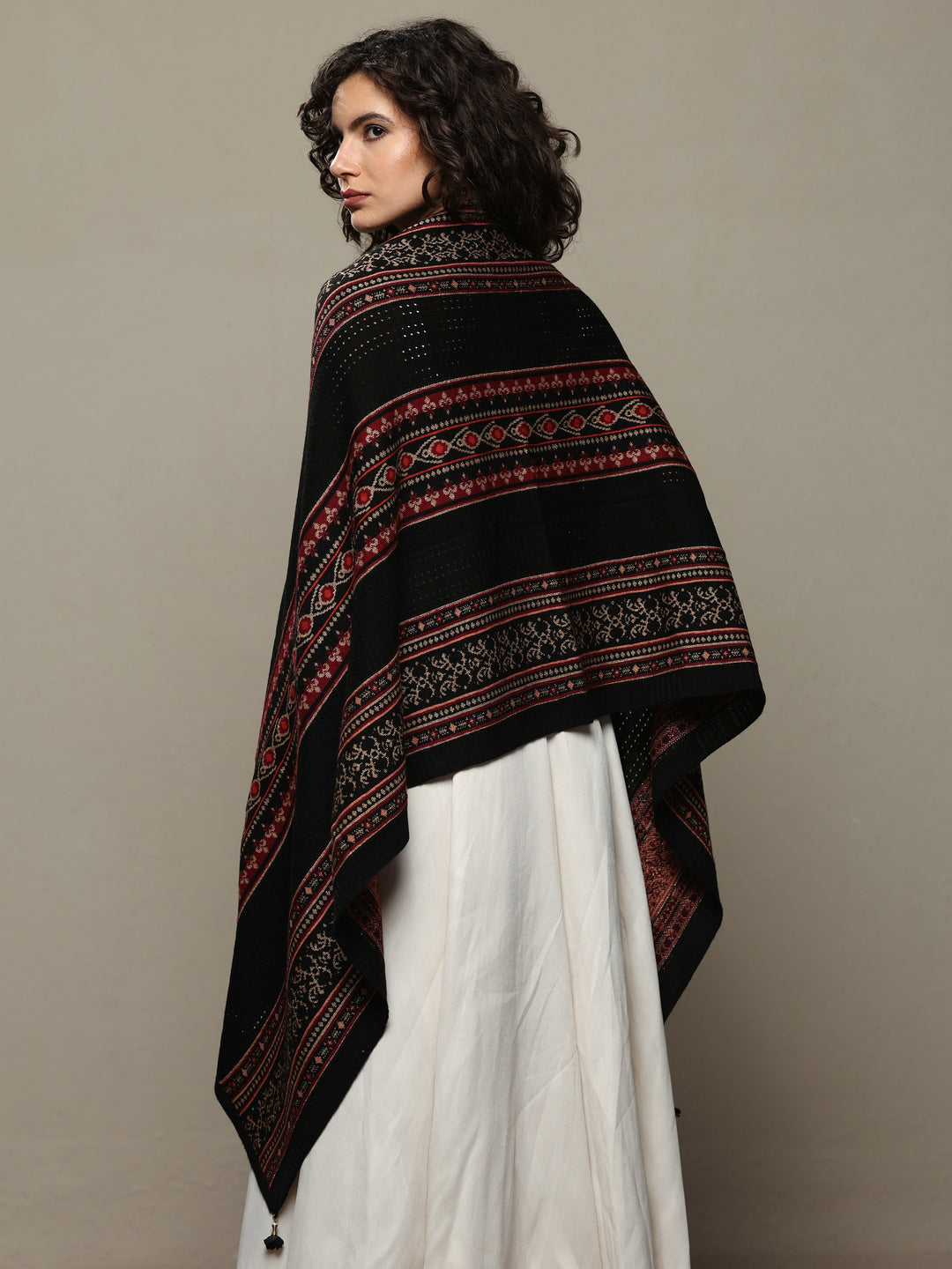  Black Woven Design Wool Women's Shawl 
