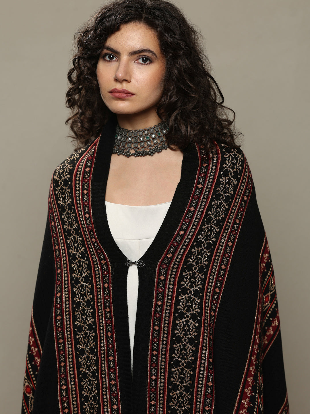  Black Woven Design Wool Women's Shawl 