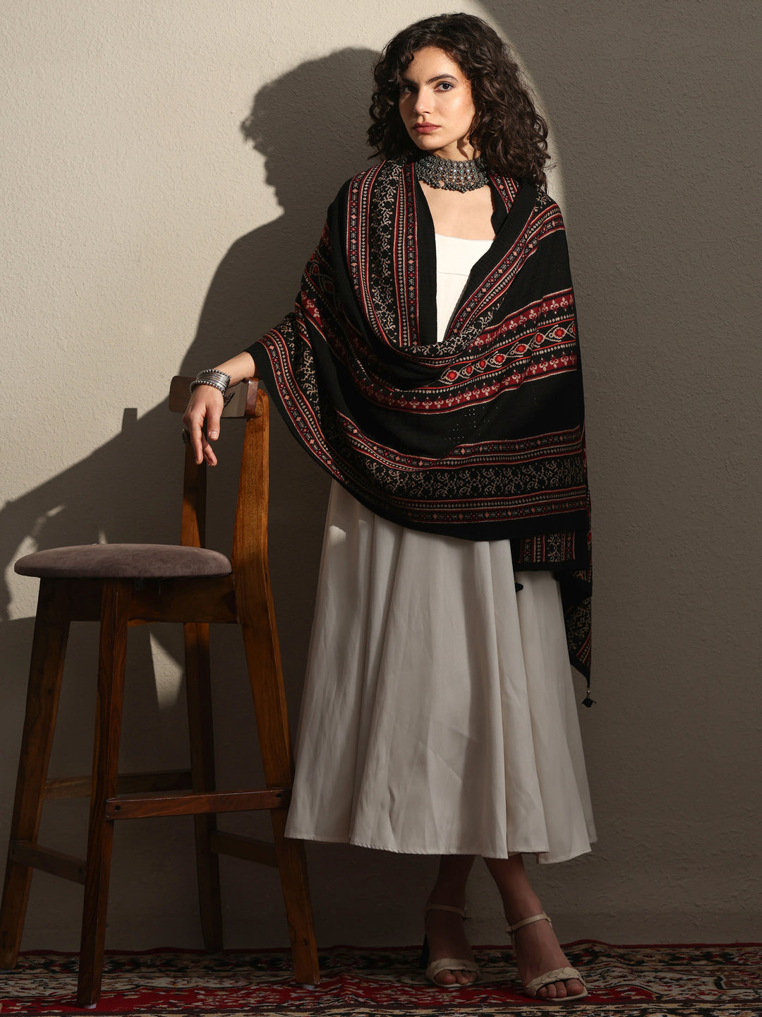  Black Woven Design Wool Women's Shawl 
