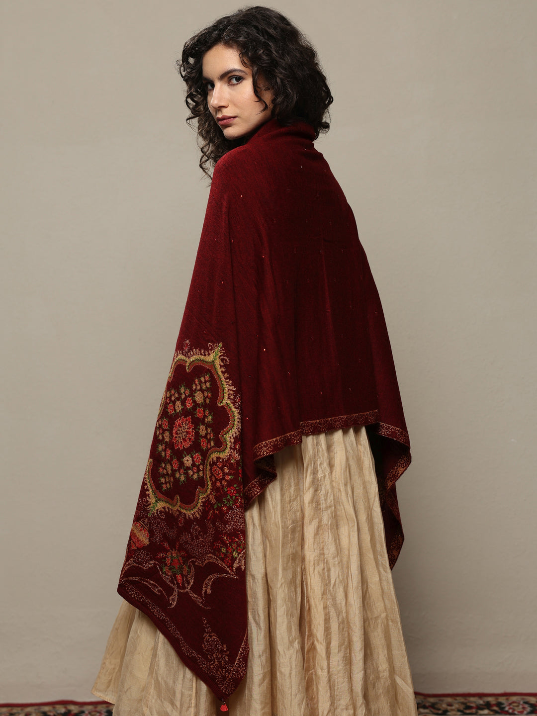  Maroon Woven Design Wool Women's Shawl 