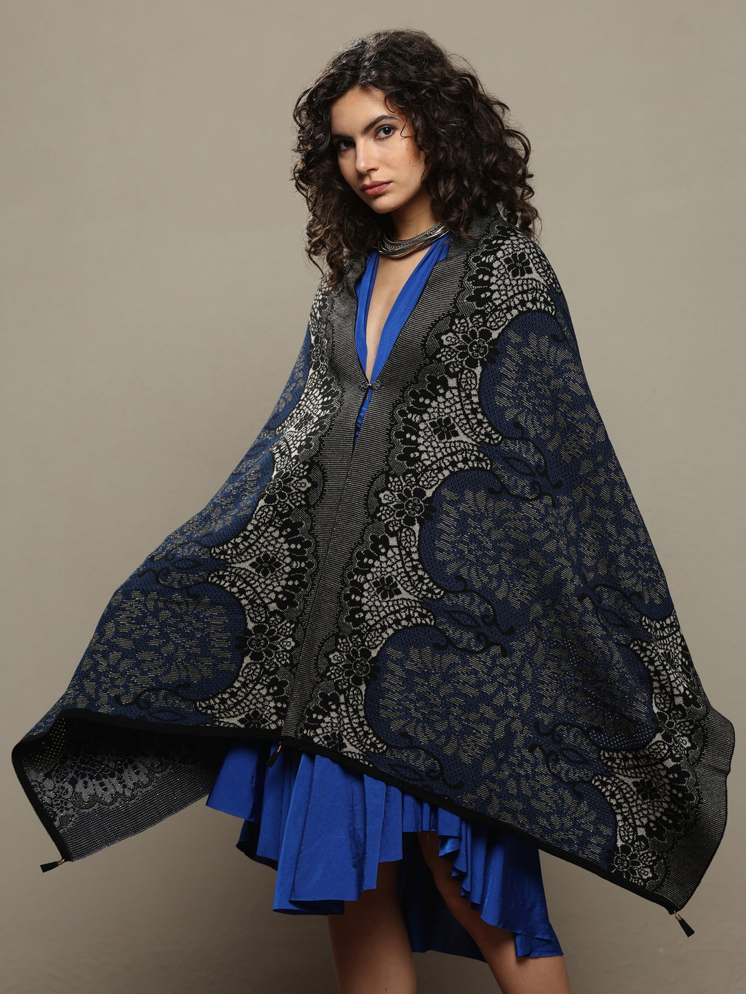  Blue Woven Design Wool Women's Shawl 