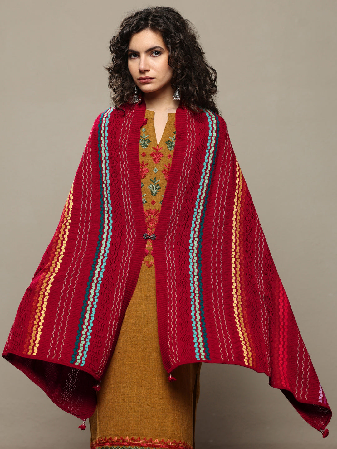  Red Woven Design Wool Women's Shawl 