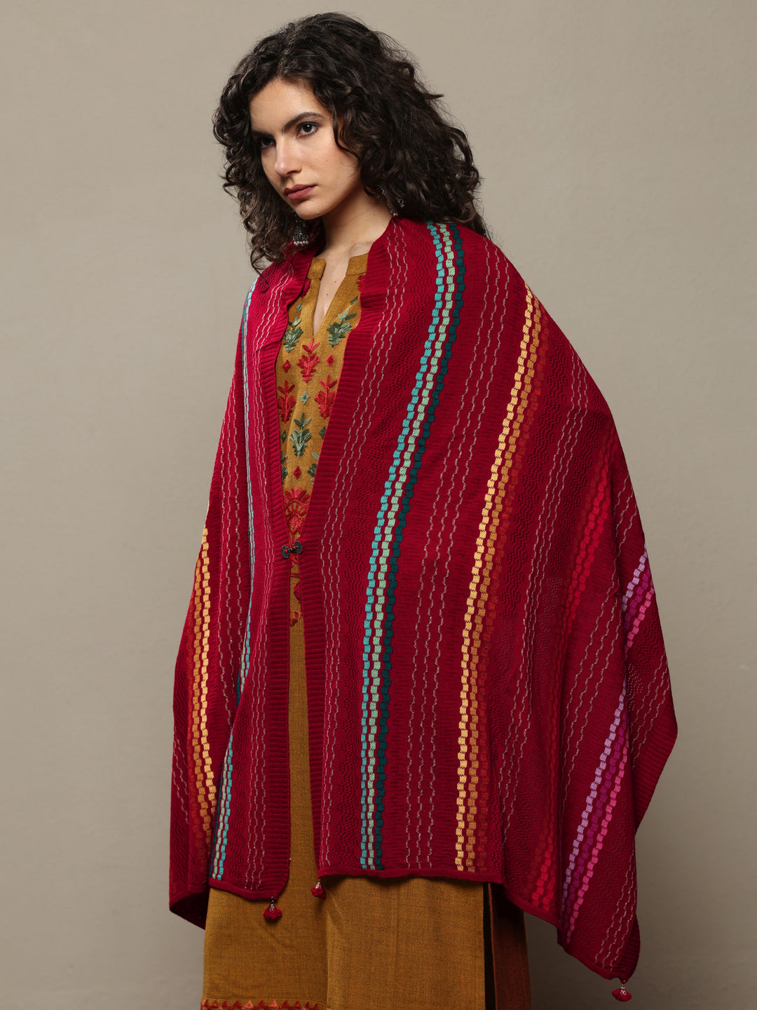  Red Woven Design Wool Women's Shawl 