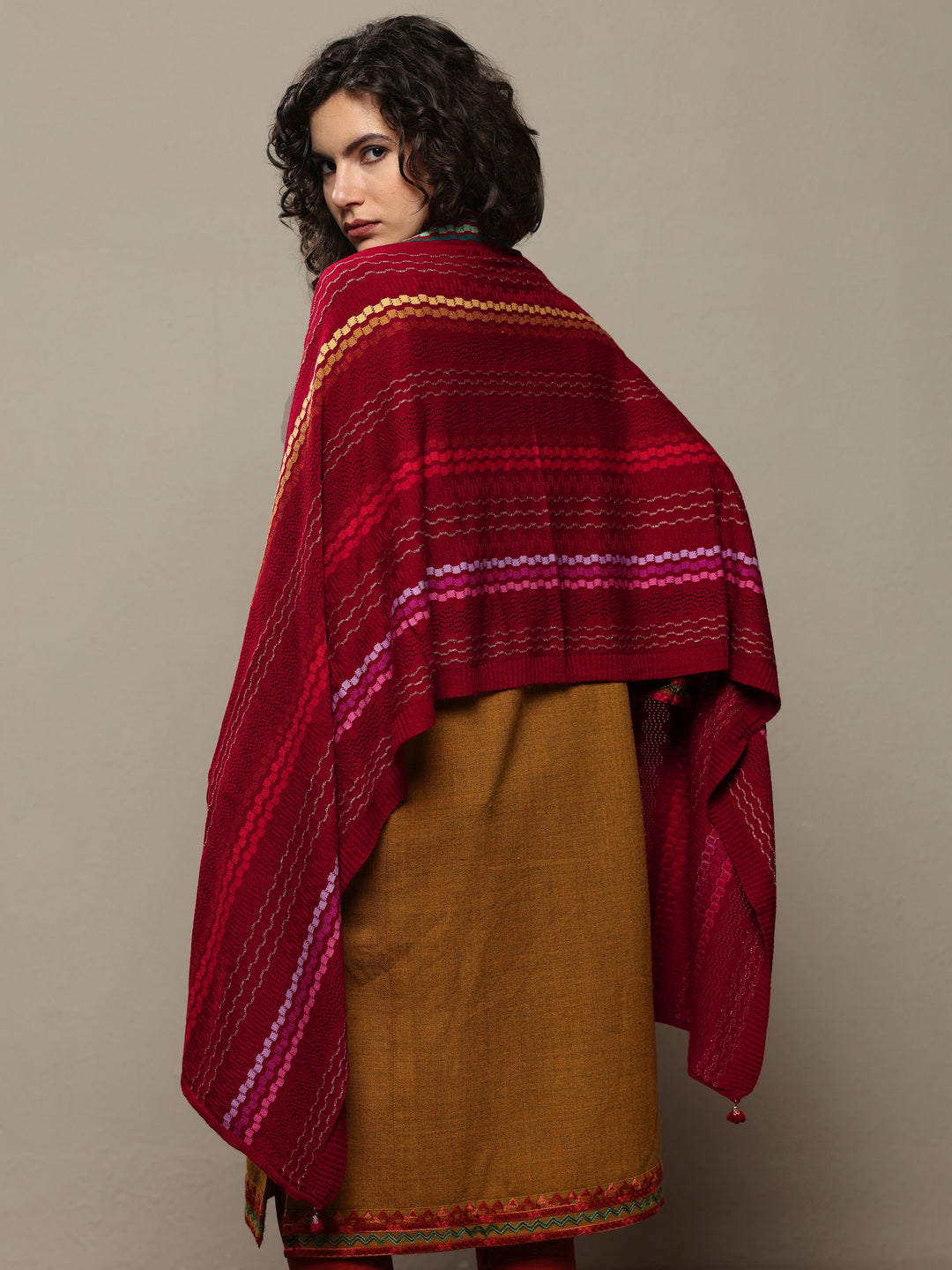  Red Woven Design Wool Women's Shawl 