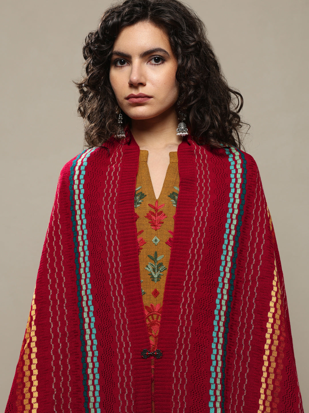  Red Woven Design Wool Women's Shawl 