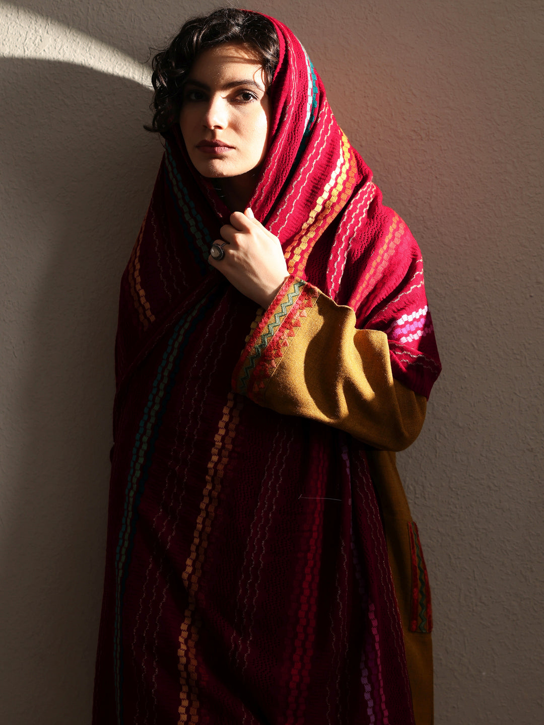  Red Woven Design Wool Women's Shawl 