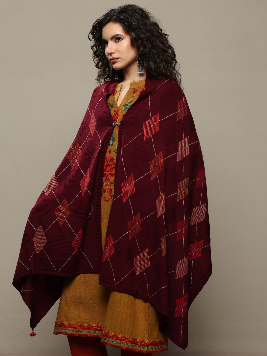  Maroon Woven Design Wool Women's Shawl 