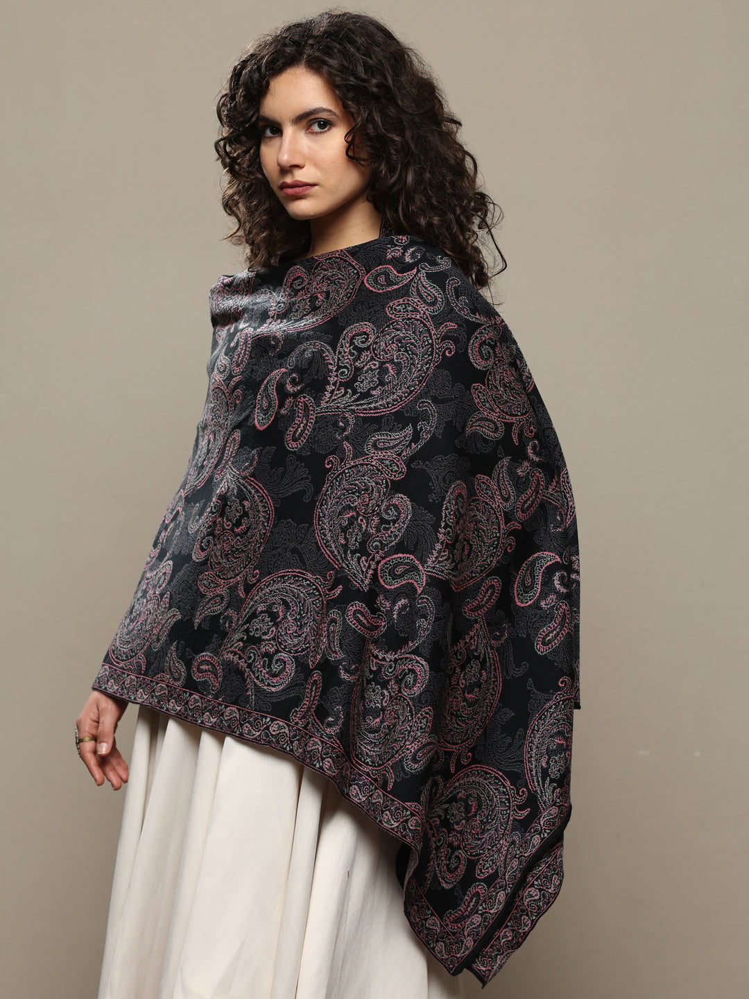  Black Woven Design Wool Women's Shawl 