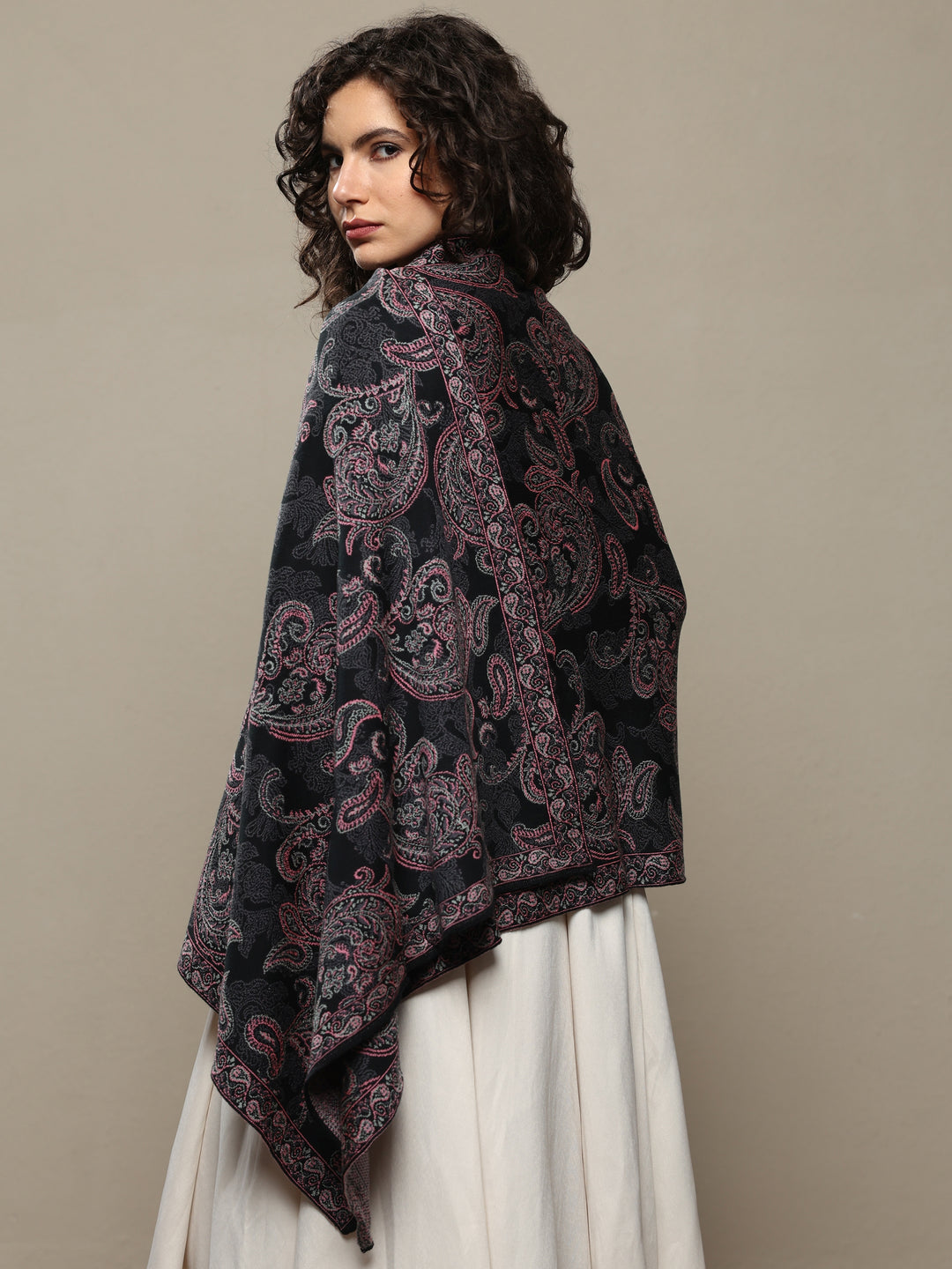  Black Woven Design Wool Women's Shawl 