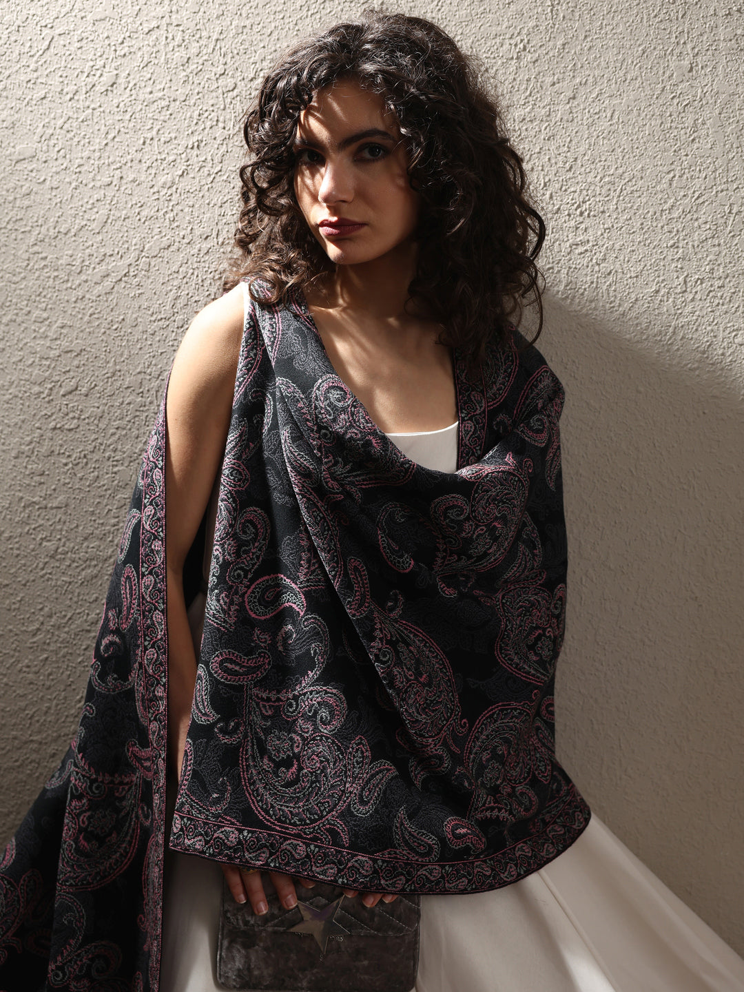  Black Woven Design Wool Women's Shawl 