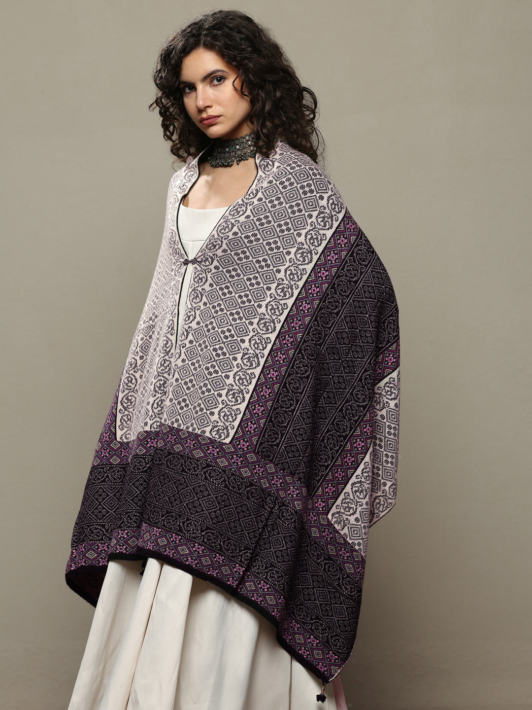 Black Woven Design Wool Women's Shawl 