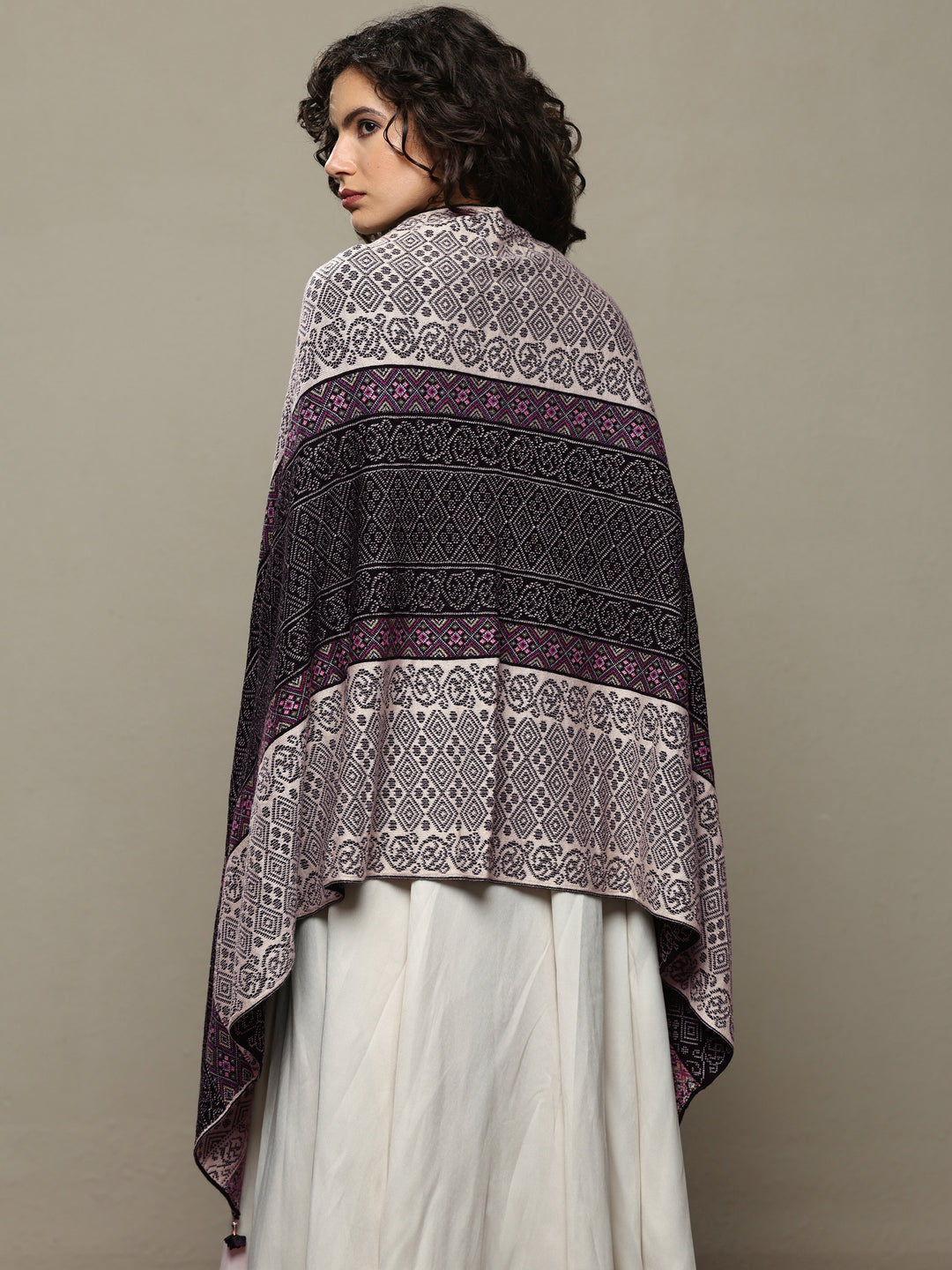  Black Woven Design Wool Women's Shawl 