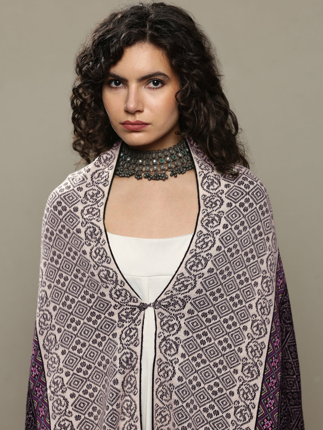  Black Woven Design Wool Women's Shawl 