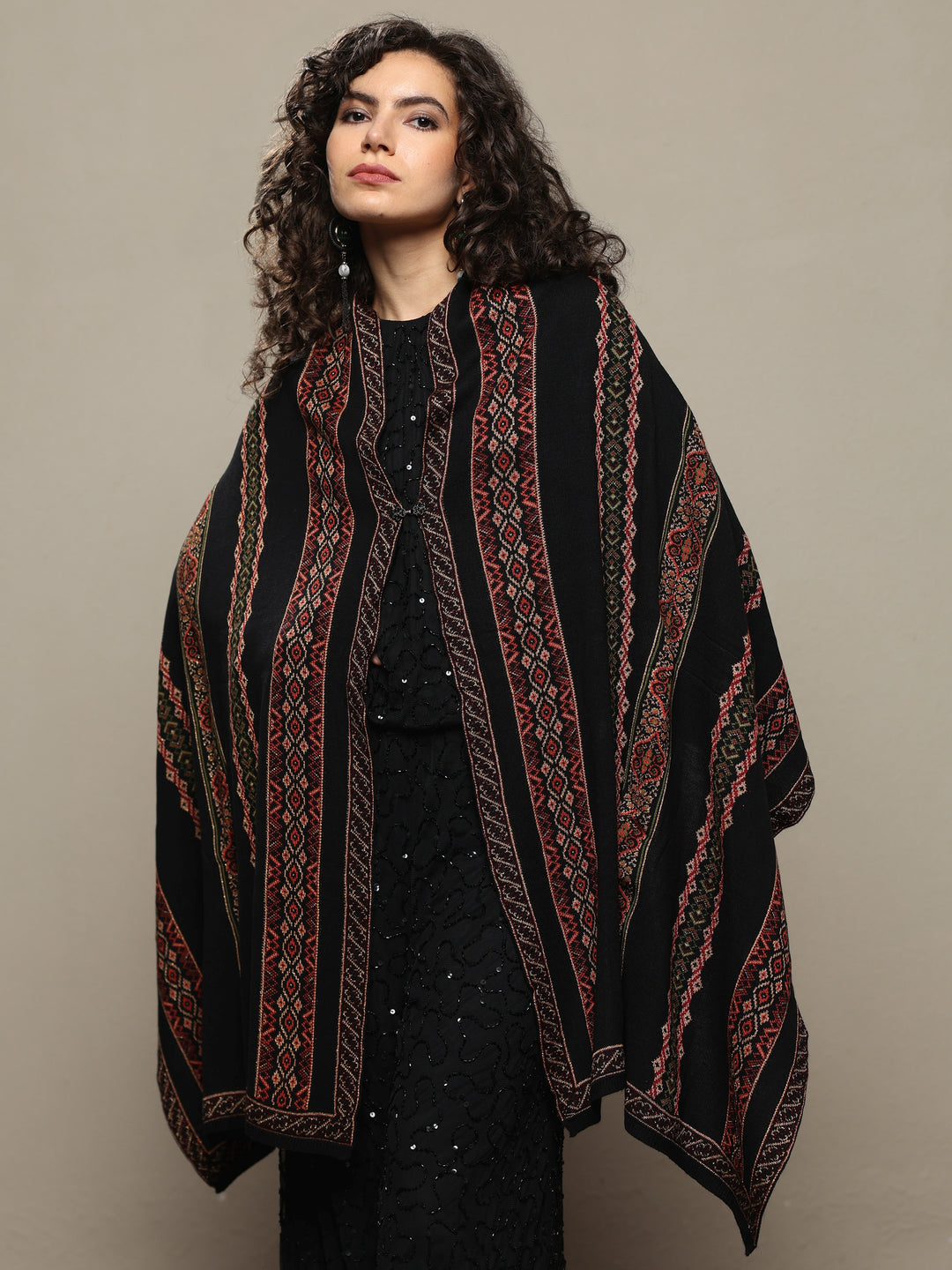  Black Woven Design Wool Women's Shawl 