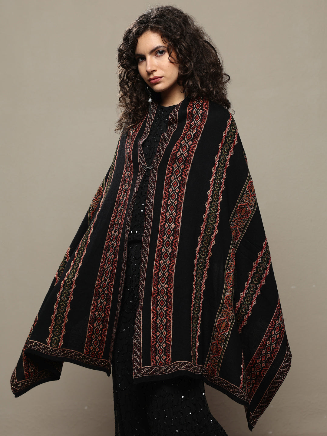  Black Woven Design Wool Women's Shawl 