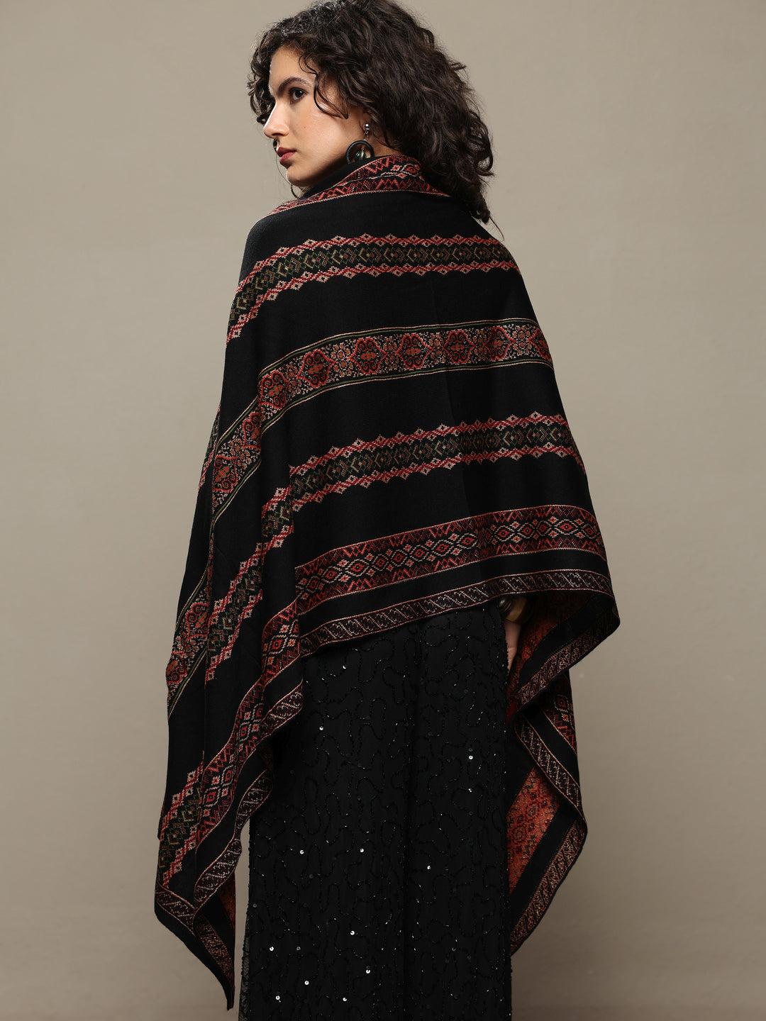  Black Woven Design Wool Women's Shawl 