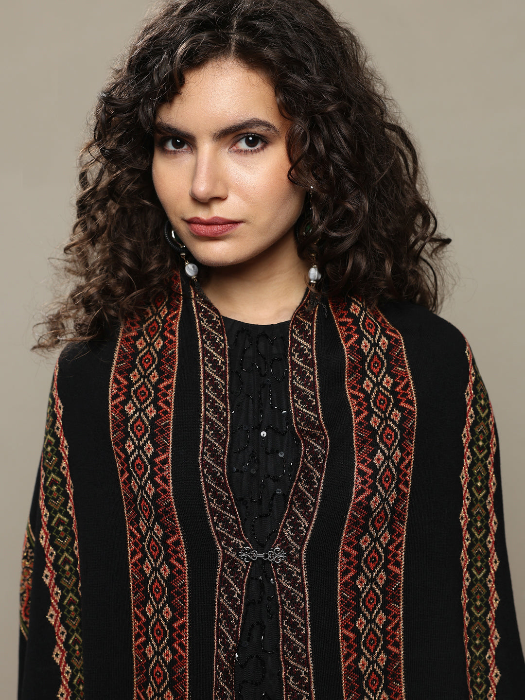  Black Woven Design Wool Women's Shawl 