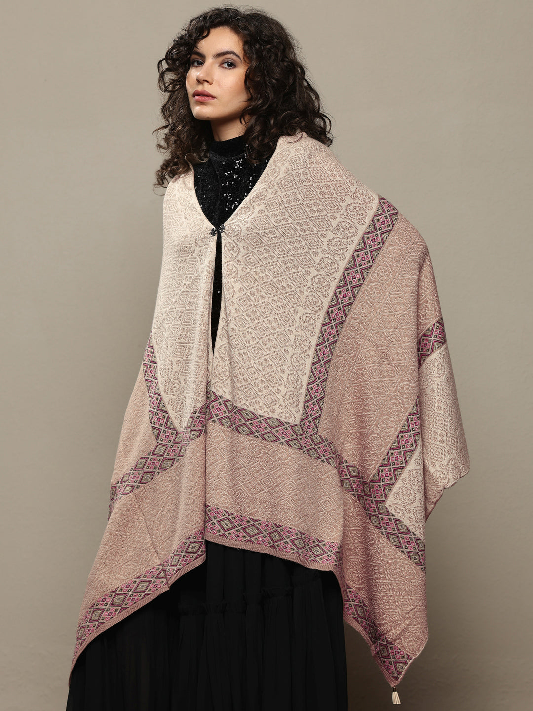  Cream Woven Design Wool Women's Shawl 