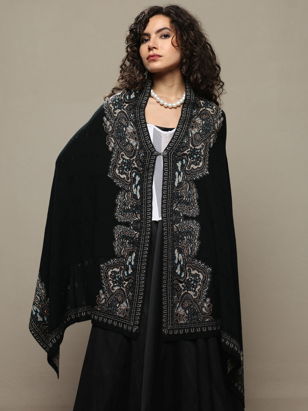  Black Woven Design Wool Women's Shawl 