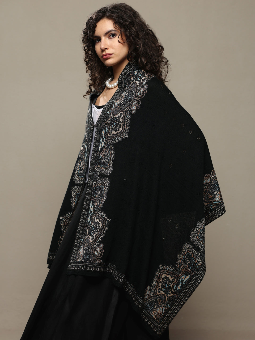  Black Woven Design Wool Women's Shawl 
