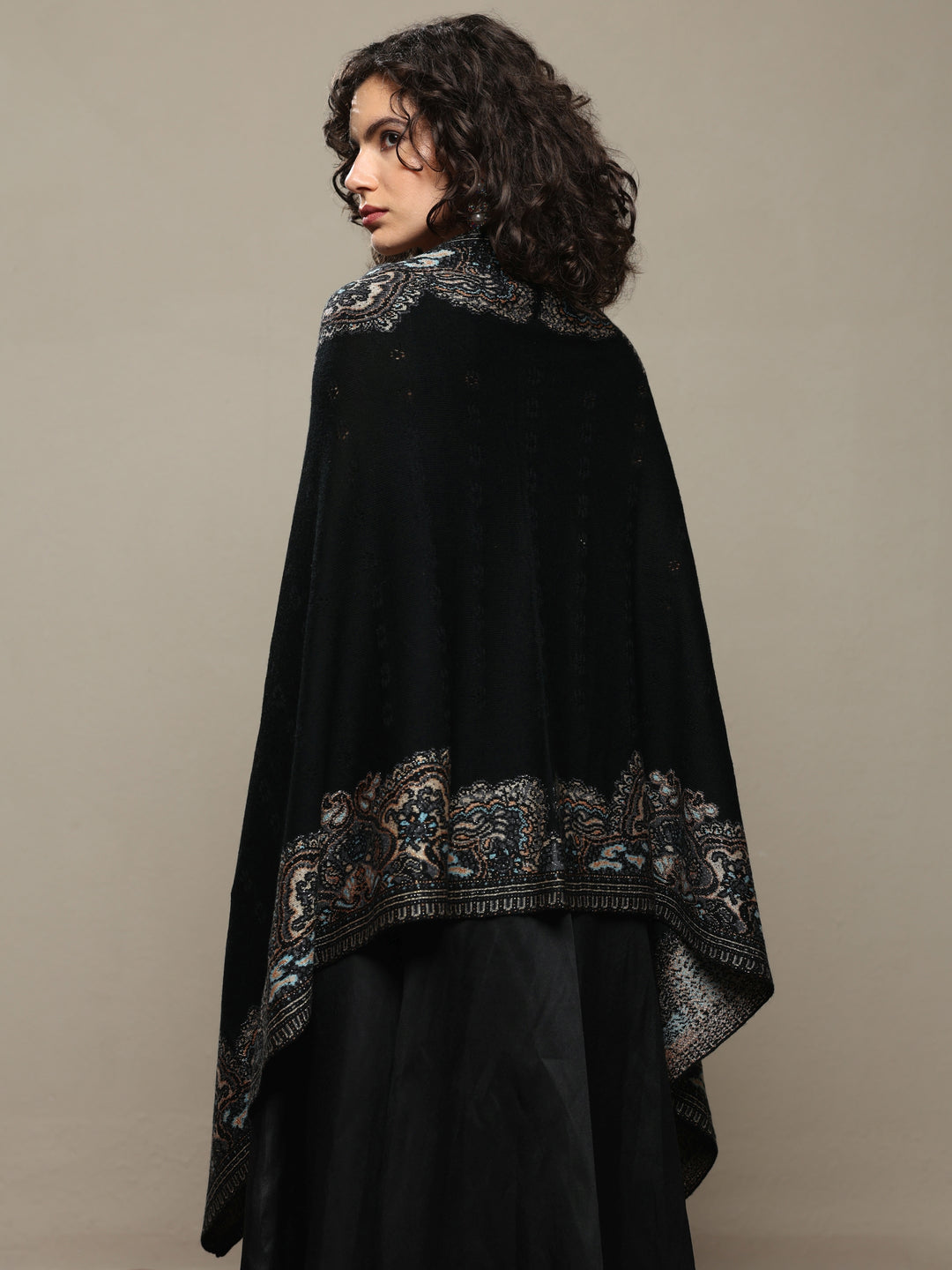  Black Woven Design Wool Women's Shawl 