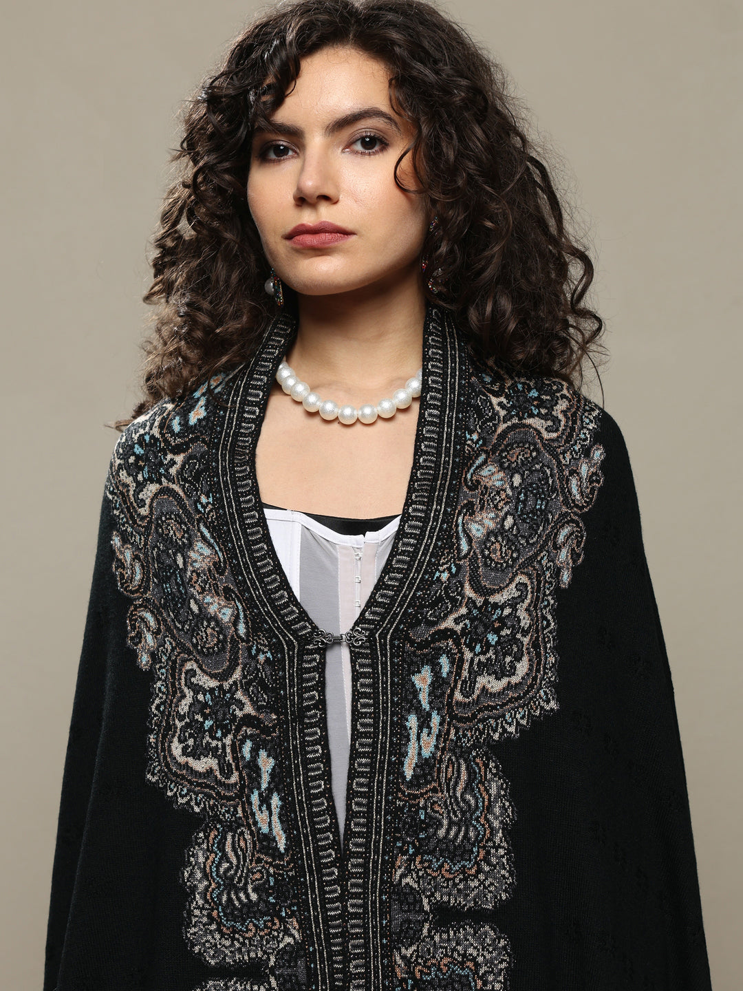  Black Woven Design Wool Women's Shawl 